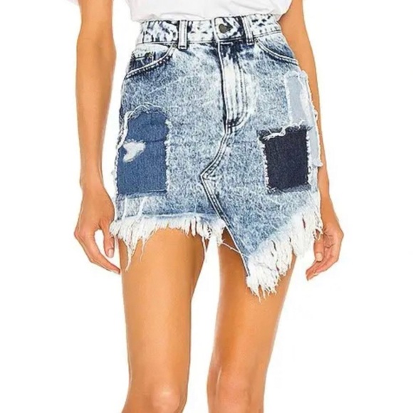NEW Retrofete Irene Denim Mini Skirt Patchwork Blue Acid Wash Asymmetric Hem XS - Picture 1 of 8